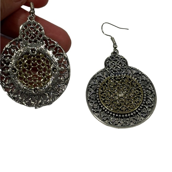 Boho Silver and Gold Round Cut Metal Drop Earrings - Picture 5 of 5